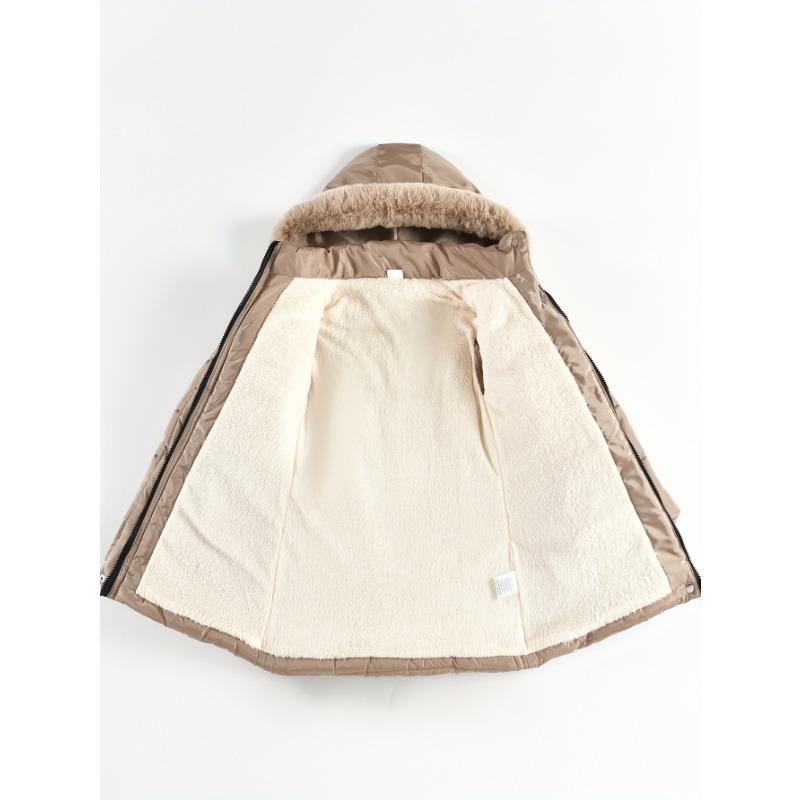 [Stylish Coat] Winter Coat | Stylish Girls' Parka with Faux Fur Hood, Heart-Shaped Diamond Pattern, Warm Mid-Length - Beige, Polyester