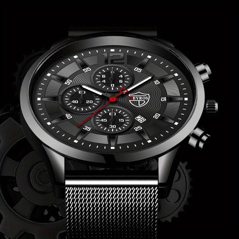 Fashion Business Men's Stainless Steel Mesh Strap Quartz Watch Fake Three Eyes With Date Watch