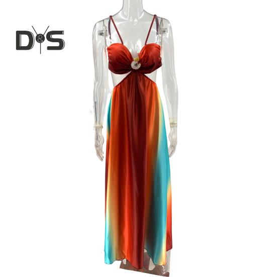 Sommer-Strandkleid, tief ausgeschnittenes, taillenbetontes, rückenfreies, ärmelloses, ausgehöhltes Urlaubs-Unterkleid, kontrastfarbenes A-Linien-Maxikleid