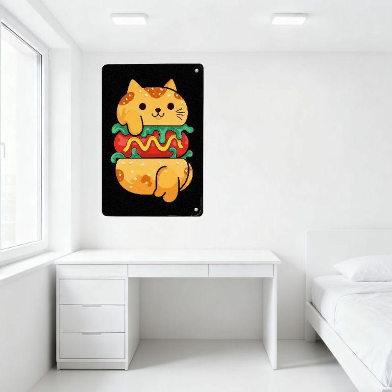 Cute Cartoon Whimsical Sandwich-Cat Hybrid Metal Tin Sign for Wall Decor, Framed with Silver Rivets, Flat Colors Home Cafe Bar A