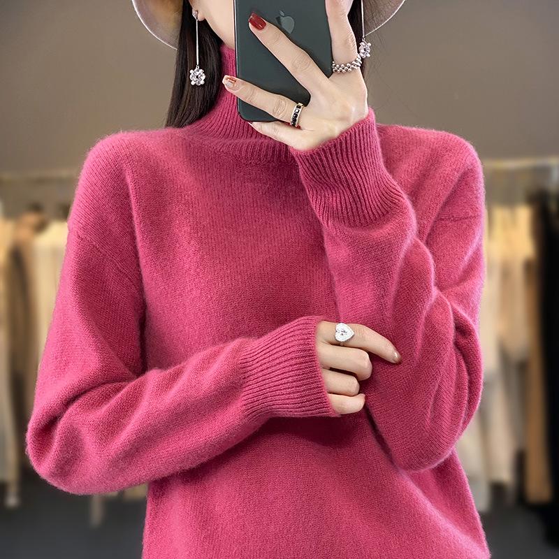 

Осень и зима новый свитер с высоким воротником женский с длинным рукавом утолщенный со спущенным плечом вязаный свитер модный универсальный базовый свободный и тонкий XXL малиновый