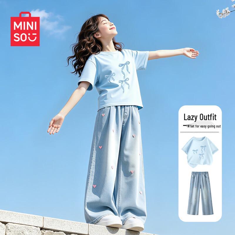 MINISO Girls  2026 Summer Cotton Top & Denim Shorts Set 130