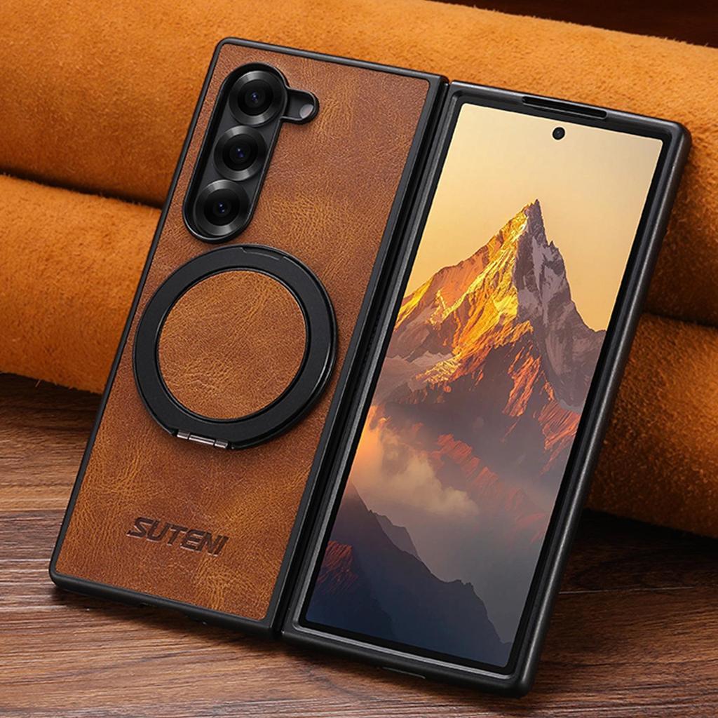 Samsung Z Fold7/6/5 Magnetic Wireless Charging Case with 360° Rotating Ring Stand and Leather Finish