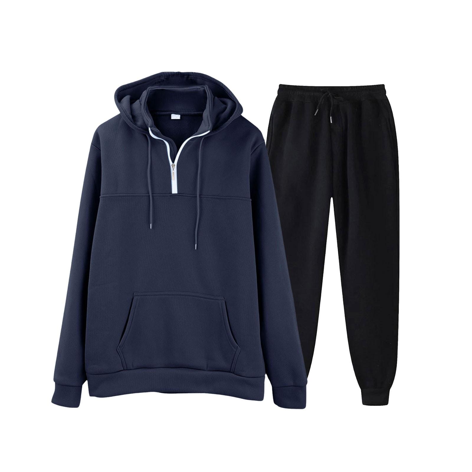 

Мужская однотонная толстовка с длинным рукавом и длинными брюками, комплект из спортивной толстовки с капюшоном и воротником-стойкой + спортивные штаны S тёмно-синий