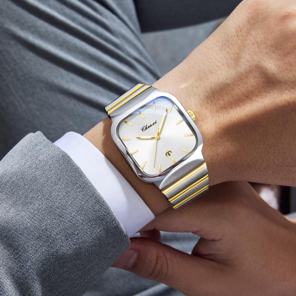 Chenxi Business Casual Square Quartz Men's Watches Stainless Steel Date Calendar Noctilucent Fashion Male Waterproof Watch Gifts
