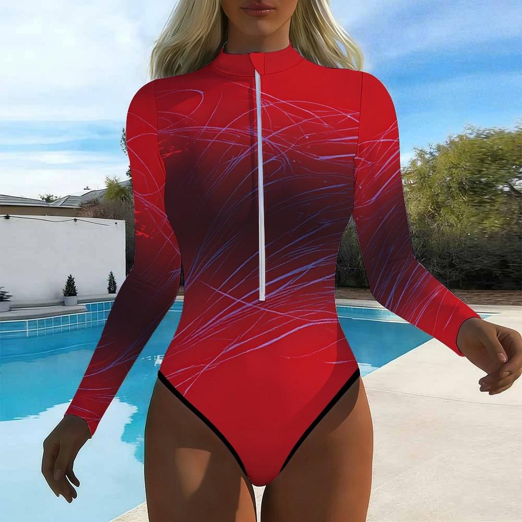 Women Long Sleeve One Piece Swimsuit Zip Front Gradient Starry Sky Print Rash Guard Surfing Bathing Suit