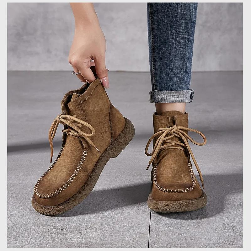 Johnature Retro Women's Ankle Boots Thick Soled Genuine Leather Lace Up Handmade Cowhide Short Boots