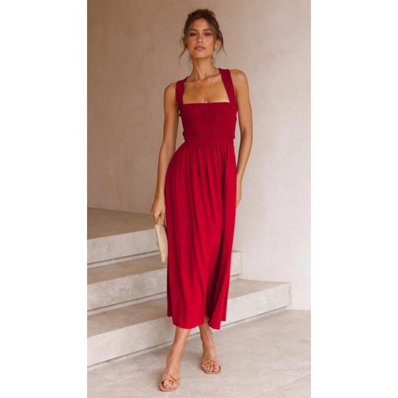 VEZFAA Women's Fashion Summer Spring Solid Color Print Sleeveless Suspenders High Waist Casual Dresses