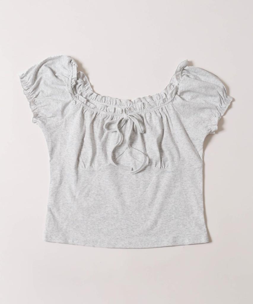 WEGO PHILLY Short Sleeve Mini Puff Sleeves with Summer Size Gray T-Shirt, Ribbon, Women's Top, F,
