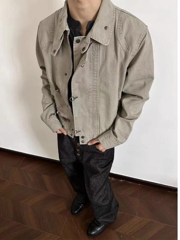 Vintage Distressed Aircraft Buckle Lapel Jacket, Unisex Spring/Autumn Retro Short Wide Workwear Style