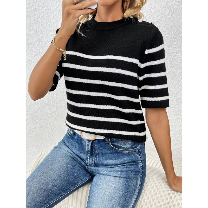 Women S Striped Button Spliced Pullover Round Neck Short Sleeve Knit Sweater