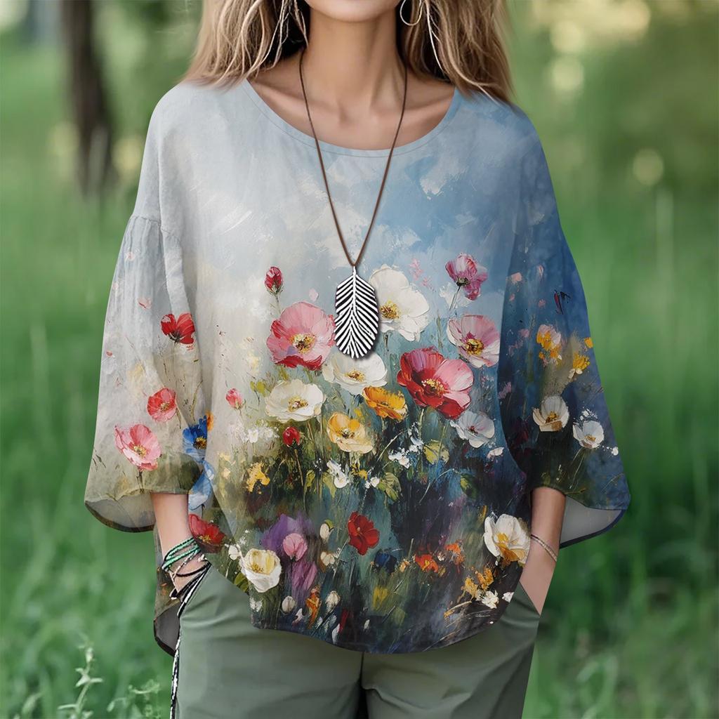 Summer Tops For Women Cute V Neck 3/4 Sleeve Blouses Floral Print Top Casual Shirts
