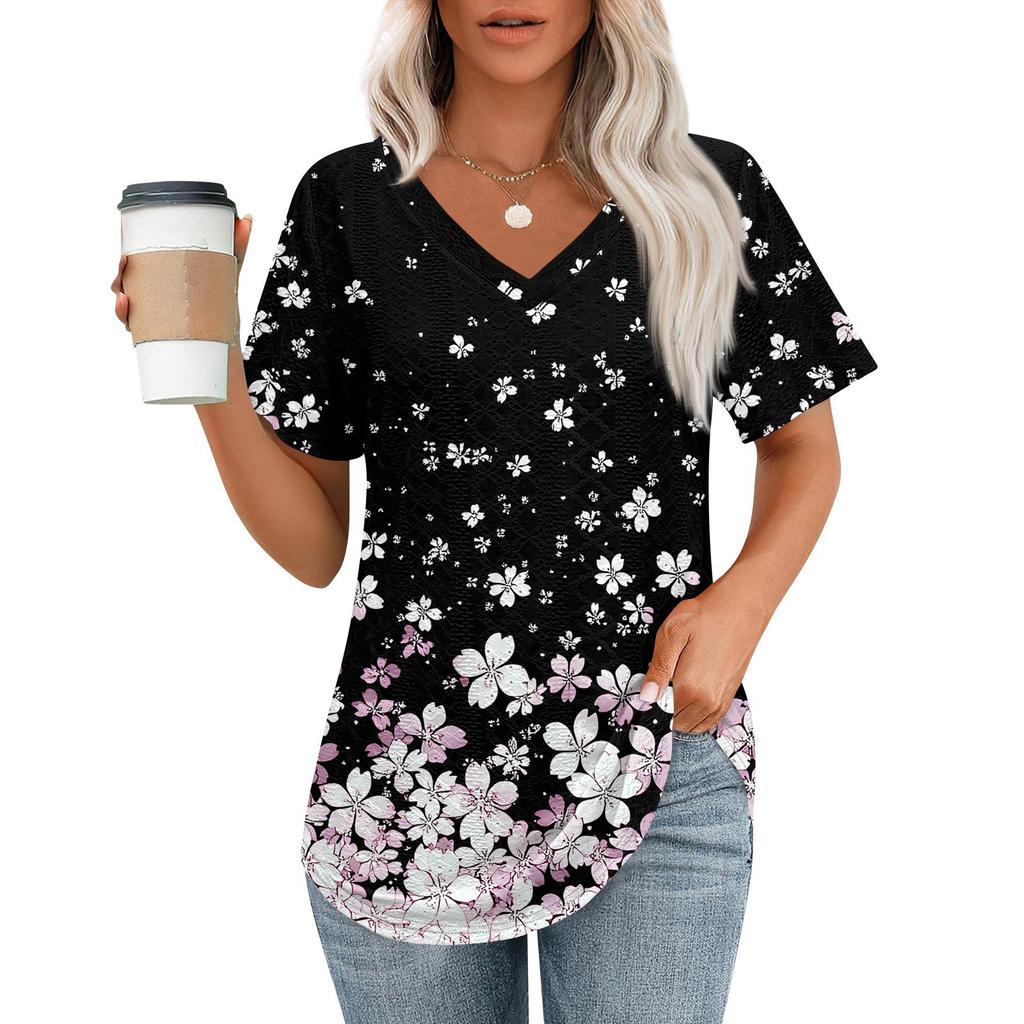 Womens T Shirts V Neck Short Sleeve Casual Tops Loose Fit Basic Tees With Curved Hem