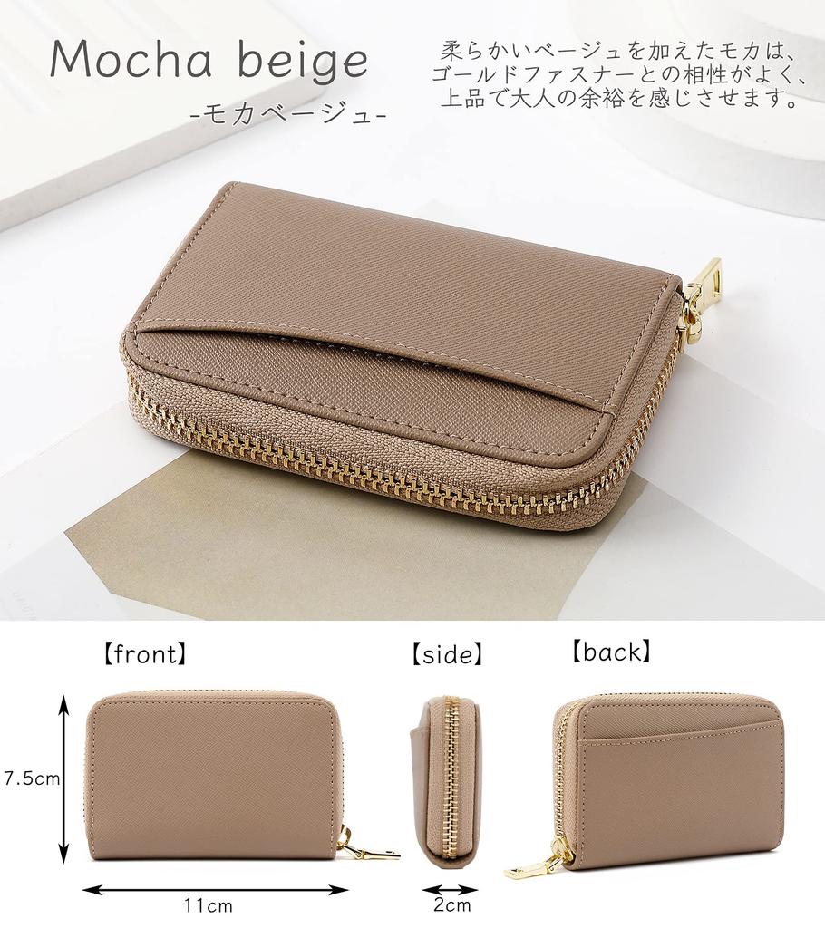 Bellows Card Genuine YKK Coin Card Slots [honey&blue] Women's Case, Leather, Zipper, Anti-Skimming, Purse, (Mocha Beige)