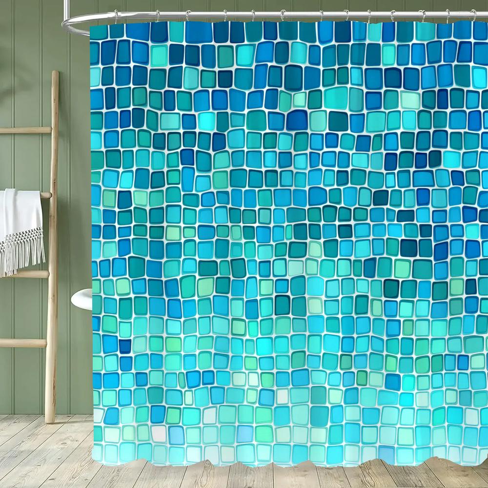 Moderner einfacher Mosaik-Duschvorhang, Blau karierter Duschvorhang für das Badezimmer, Wasserdichter Duschvorhang mit Haken