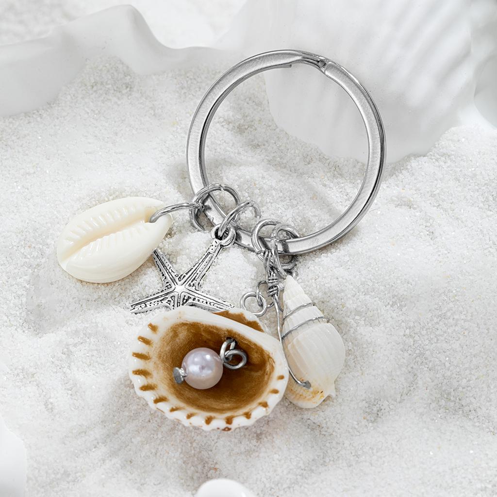 Natural Shell Starfish Pearl Keychain Silver Ocean Style Bag Charm for Women