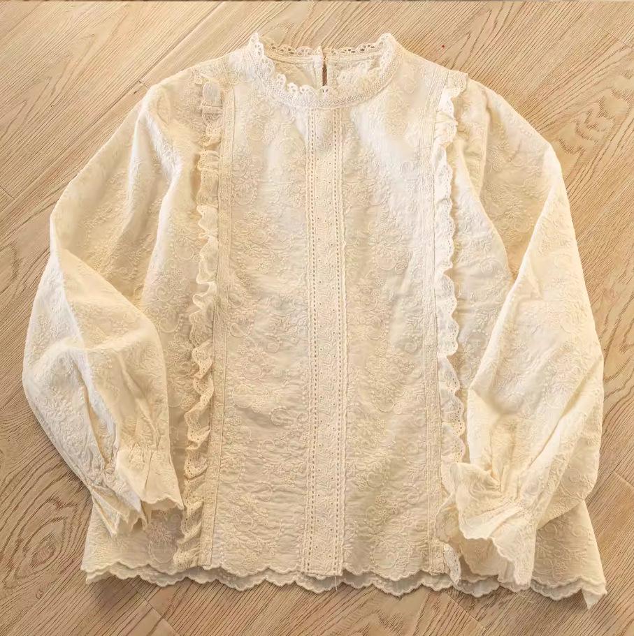

Spring 2026 Japanese Lace Stand Collar Shirt: Sweet, French-Inspired Layering Top One Size