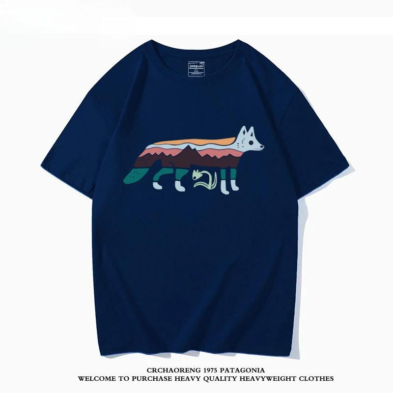 Summer New Bata Outdoor Forest Style Fox Print Round Neck Short Sleeved Men's and Women's Japanese Trend T-shirt for Couples
