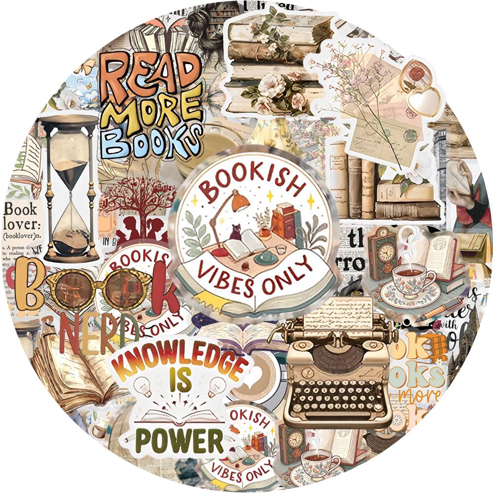 10/30/50pcs Transparent Retro Reading Stickers Cartoon Bookish Decals DIY Scrapbooking Suitcase Phone Case Graffiti Sticker Pack