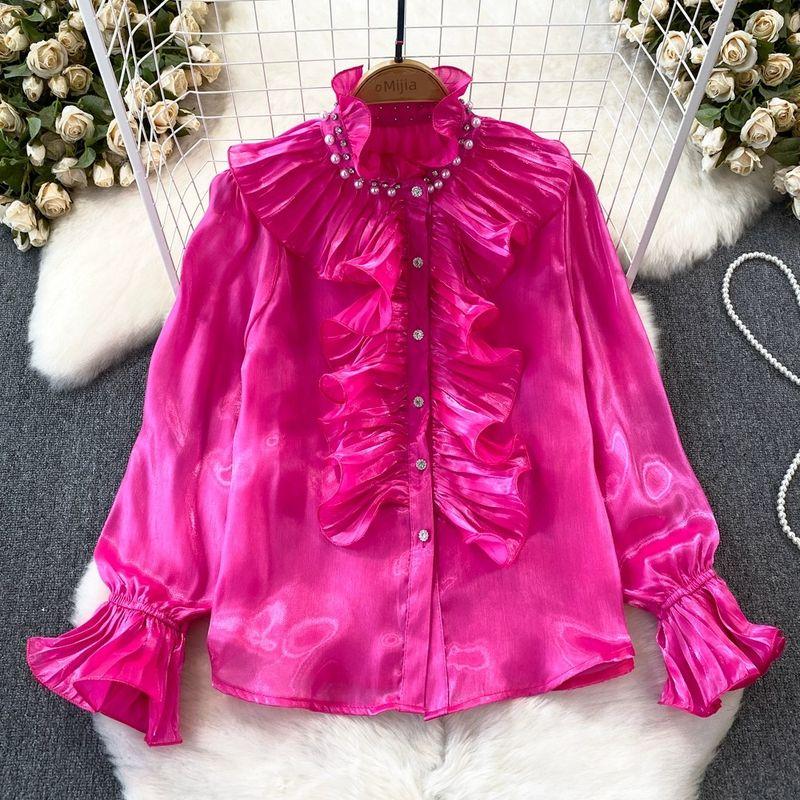 Lady Horn Long Sleeves Single-Breasted Glossy Casual Shirt