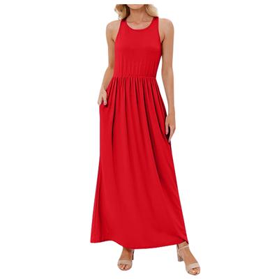 (SU)Women's Casual Dress Loose Solid Color Sleeveless Vest Long Dress