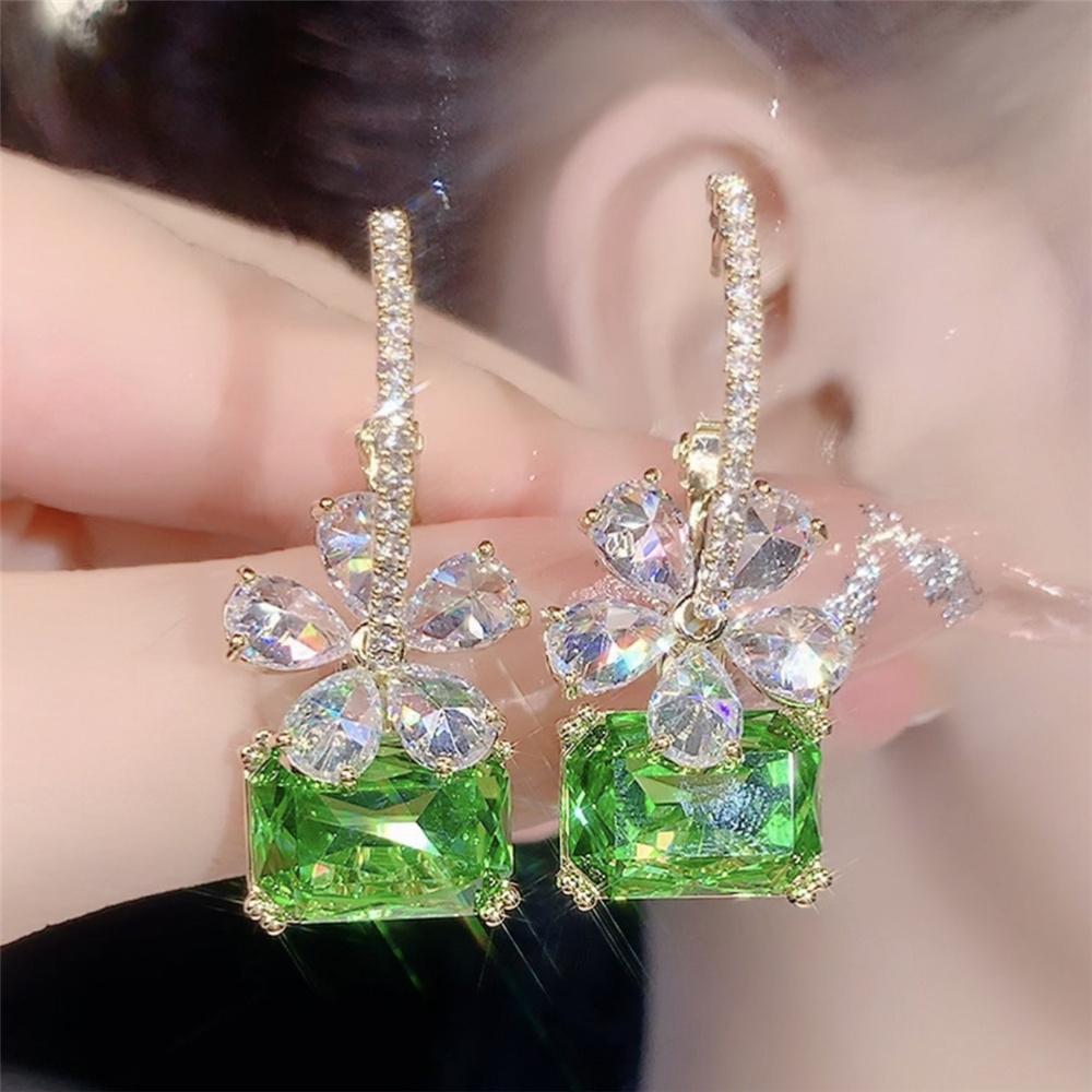 Роскошные Женские Бело-Зеленые Серьги-Кольца с Камнями из Циркона Квадратный Цветок Винтажная Мода Золотой Цвет Свадебные Для Женщин