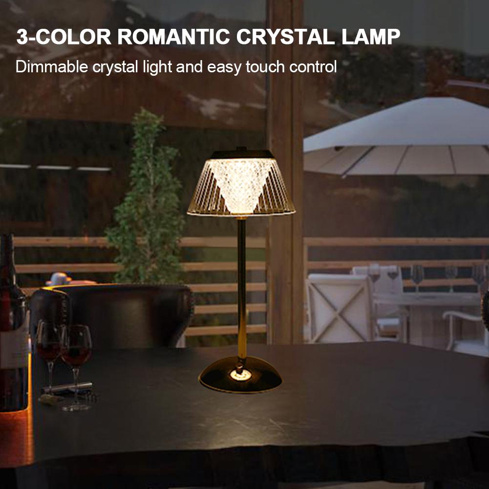 Crystal Table Lamp Metal Base Stepless Dimmable Crystal Atmosphere Lamp Rechargeable Cordless Desk Lamp for Bedroom Hotel Office