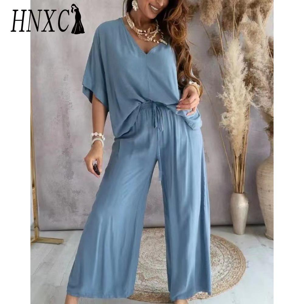 HNXC Women's V-Neck Bat Sleeve Casual Loose Wide Leg Pants Set