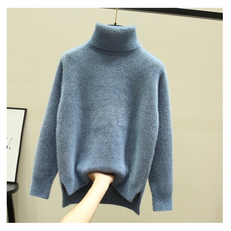 

Свободный свитер с высоким воротником для женщин Осень и Зима Вязаный базовый свитер для женщин XL синий