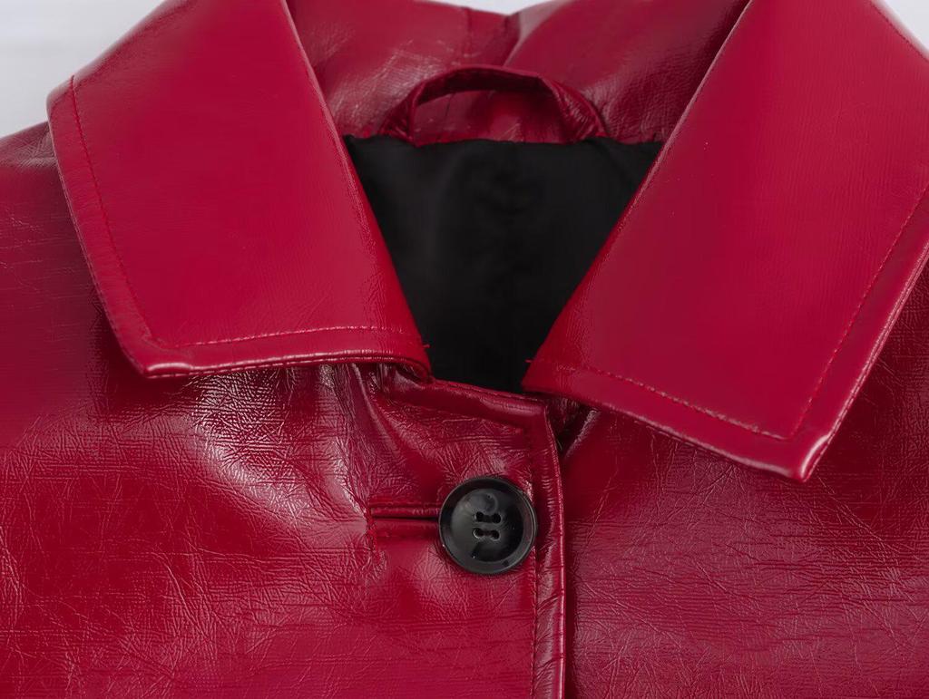 2025 Spring Women's Red Glossy Leather Lapel Jacket – European & American Style