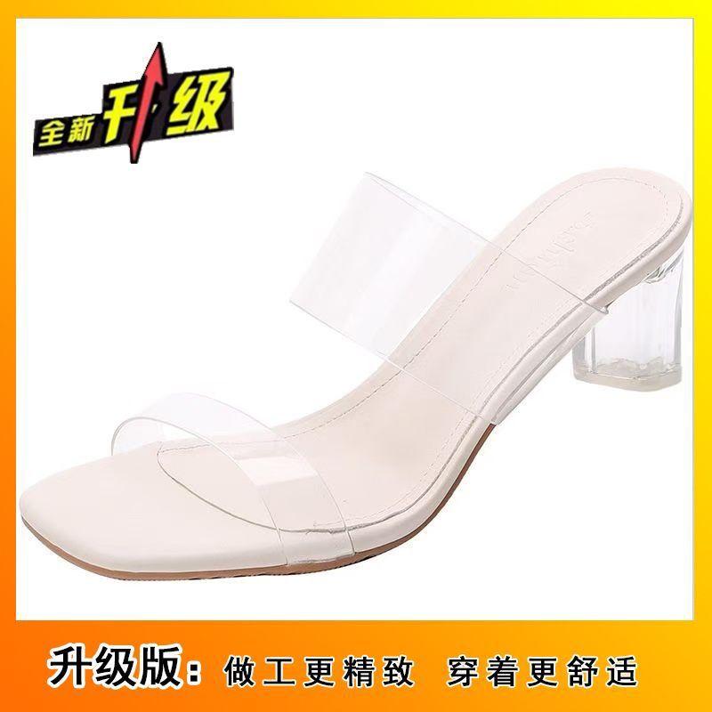 2025 new open-toed transparent word with waterproof table slippers women's simple crystal thick heels high heels sandals