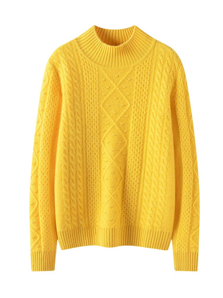 Women's Thickened Cashmere Half-High Neck Diamond Cable Knit Sweater - Long Sleeve Solid Color Pullover