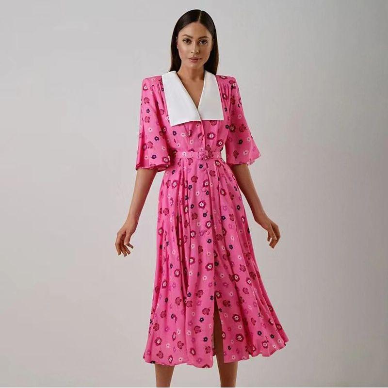 

Fashion Style Print Short Sleeve Doll Collar Belt Dress Short Sleeve Sleeve Doll Neck Dress Pink S