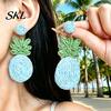 Three-dimensional Pineapple Earrings 1 Pair Handmade Raffia for Women, Boho Straw Hand-Woven Summer Beach Skirt Jewelry Dangle Earrings, Natural