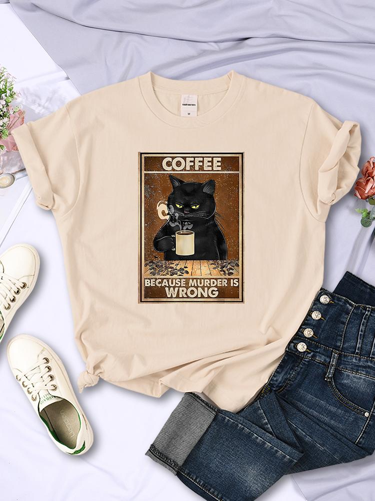 Ponieważ Morderstwo Jest Złe Czarny Kot Pije Kawę Damski T-shirt Odzież Okrągły Dekolt Vintage Krótki Rękaw Osobowość Casual Damskie Koszulki