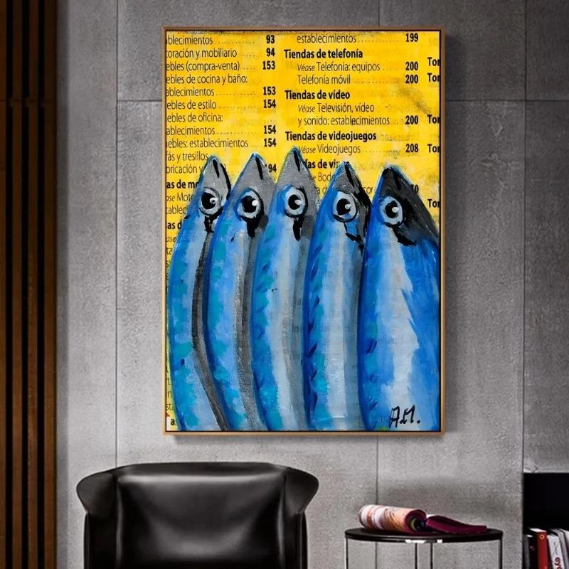 Colorful Sardine Lobster Fish Ocean Animal Whitepaper Canvas Painting  Fancy for Living Room Bar Decoration Vintage Painting