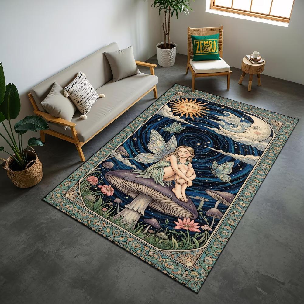 Vintage Feenpilz Sonne Mond Wirbel Himmel Blumiger Rand Rutschfester Teppich Cottagecore Hexe Waschbarer Innenraumteppich