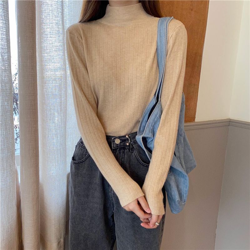 Elegant Turtleneck Knit Base Layer Autumn Winter Sweater Women's Simple Slim Fit Inner Mid-neck Top