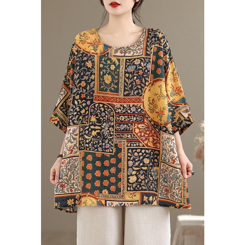 DIMANAF 2026 Plus Size New T-Shirt Women Flower Print Loose Casual O-Neck Lady Tops Tees Shirts Oversize Summer