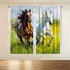 Set Of 2 Modern Equestrian Themed Curtains Vibrant Running Horses Design Chocolate Brown Platinum White Semi Transparent Curtain Made Polyester