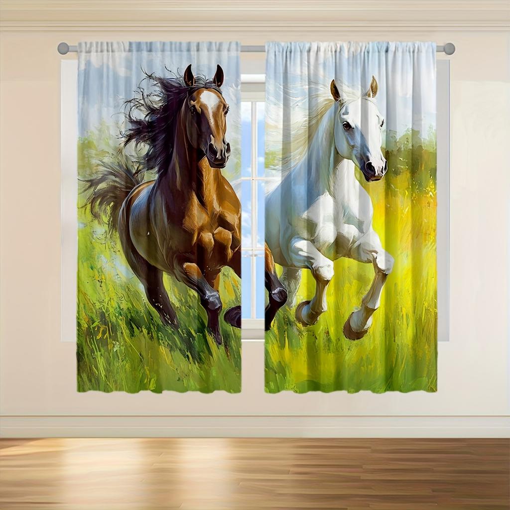 Set Of 2 Modern Equestrian Themed Curtains Vibrant Running Horses Design Chocolate Brown Platinum White Semi Transparent Curtain Made Polyester