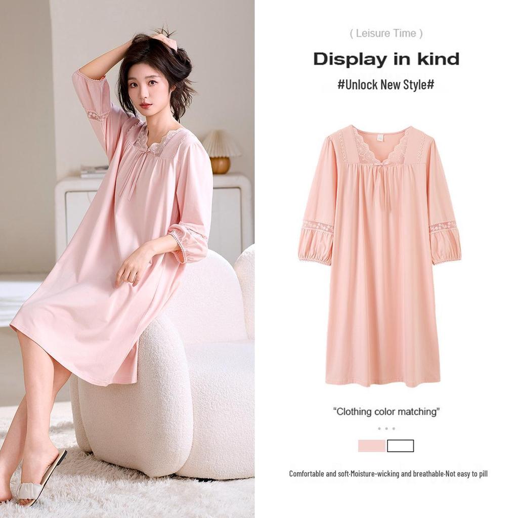 Women's Lightweight Modal Cotton Mid-Length Nightgown, Plus Size, for Spring and Autumn.