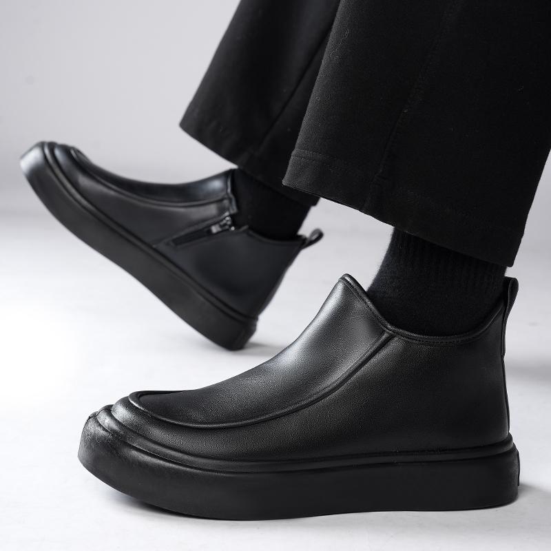 Męskie Czarne Botki Wszechstronne Casualowe Skórzane Botki Zamek PU Płaski Spód Casualowe Buty Do Chodzenia Jesień i Zima Męskie Buty na Jedną Stopę
