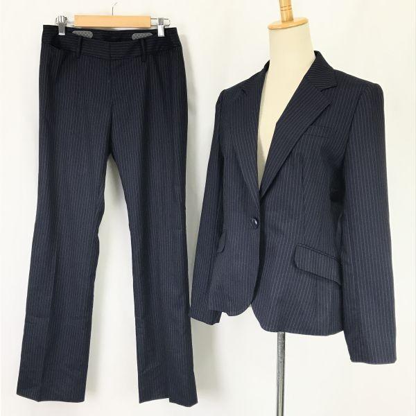 LES MUES Stretch Jacket & Pants Suit Women’s Top LL Bottom M Navy Stripe
