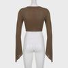 American Street Style Sexy V-Neck Irregular Pleated Long-Sleeve Crop Top