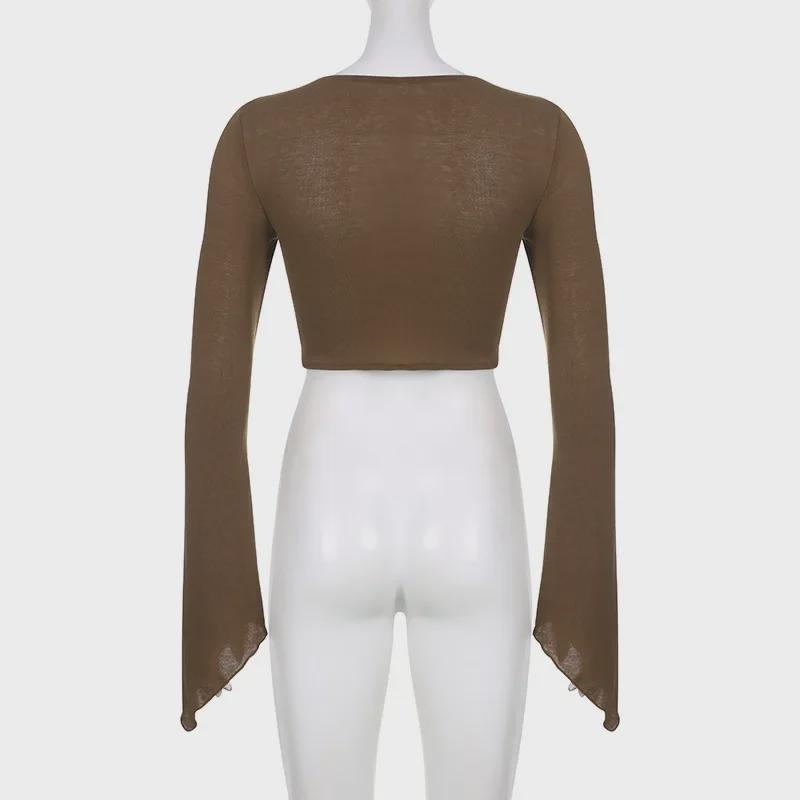 American Street Style Sexy V-Neck Irregular Pleated Long-Sleeve Crop Top