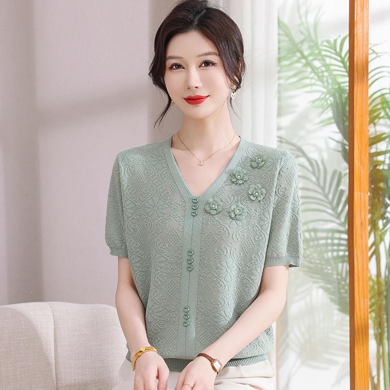 

2026 Summer Ice Silk Short-Sleeve Knitted Cardigan for Middle-Aged & Elderly Women - Mother s Day Edition 2XL (recommended 55-60 kg) зелений