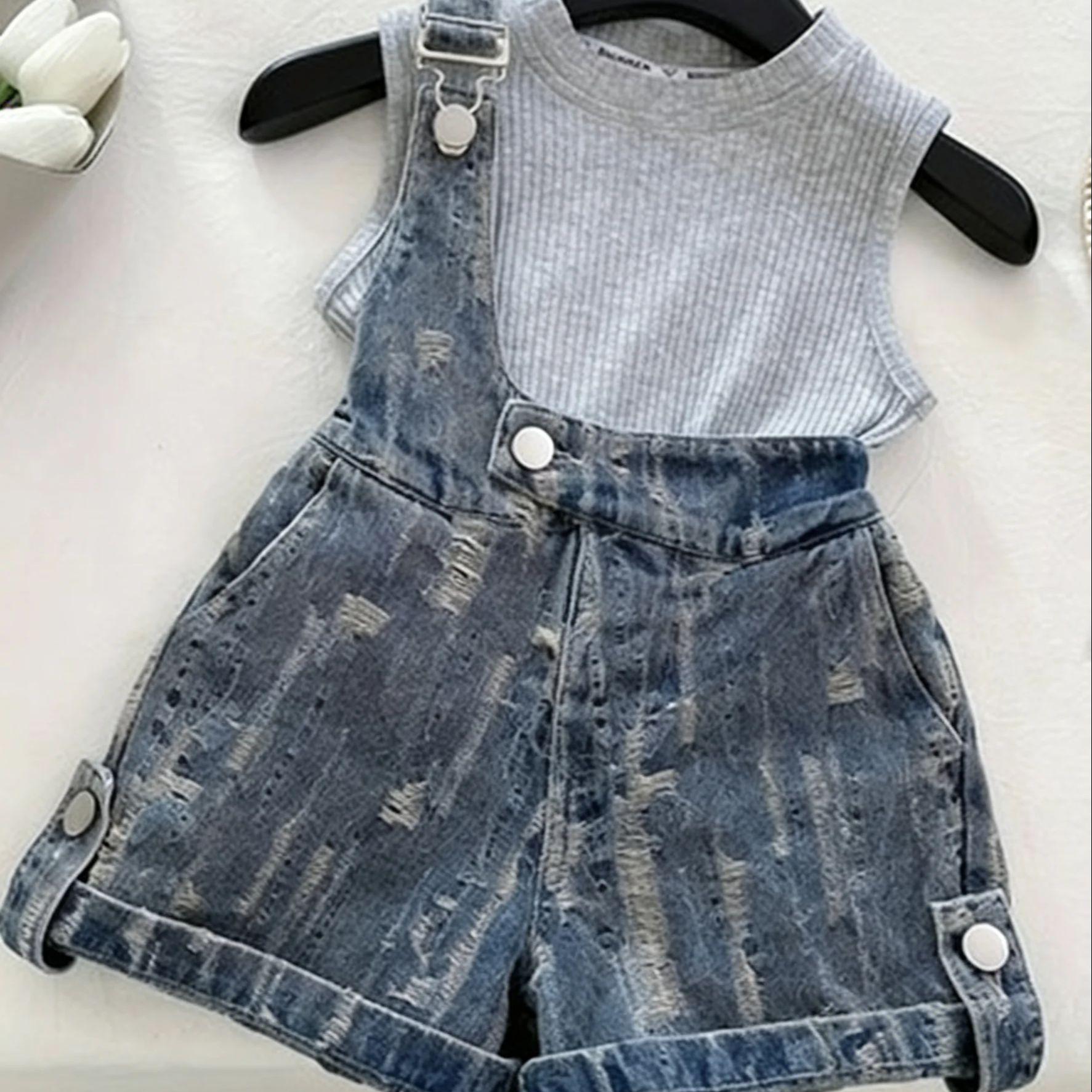 New Girls Summer Outfit, Baby Girl Shorts, Korean Camisole Top, Summer Children s Sleeveless Vest Set 90 синий