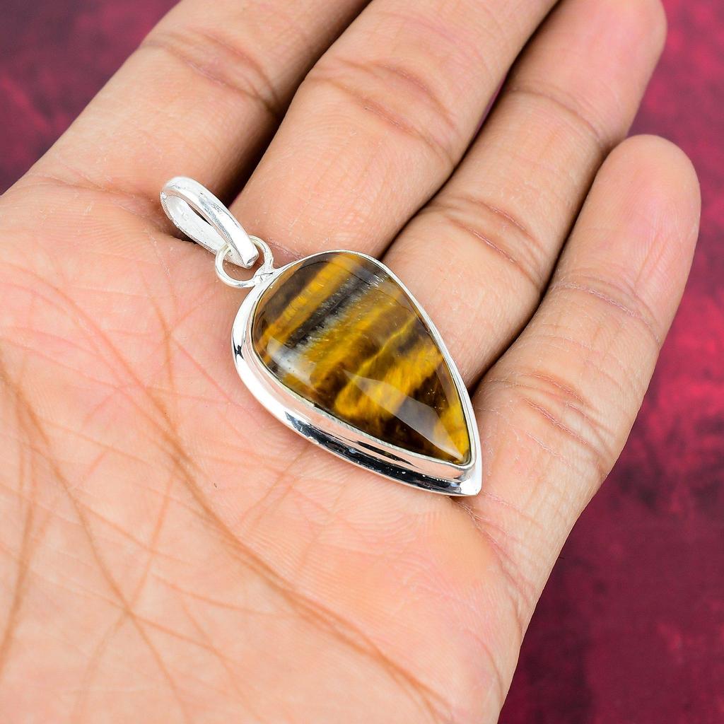 Tigeröga 925 Massivt Sterlingsilver Hänge, Handgjort Ädelstenshänge, Gåva Till Mamma Antika Smycken