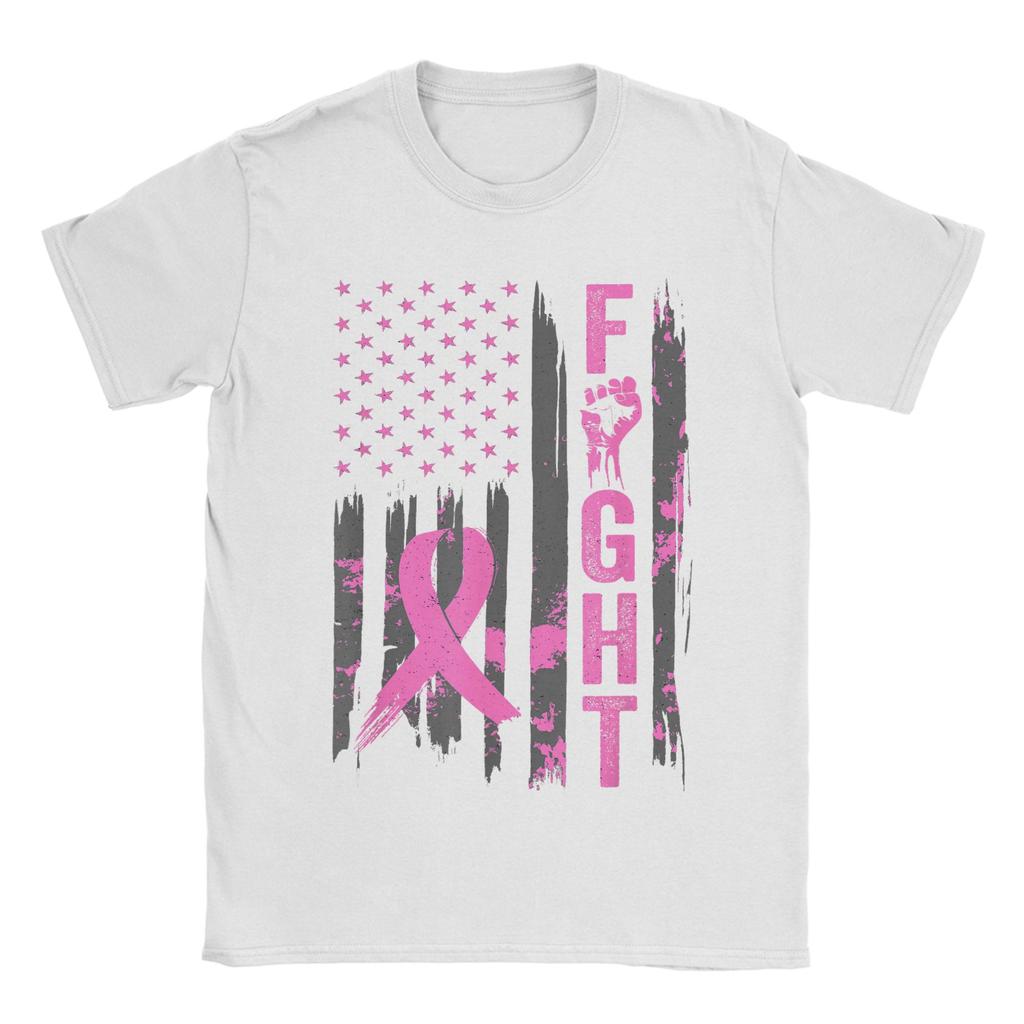 Fight USA Flag Breast Cancer Awareness Patriotic Pink Ribbon Men T Shirts Vintage Tees Short Sleeve Round Neck T-Shirt Clothes